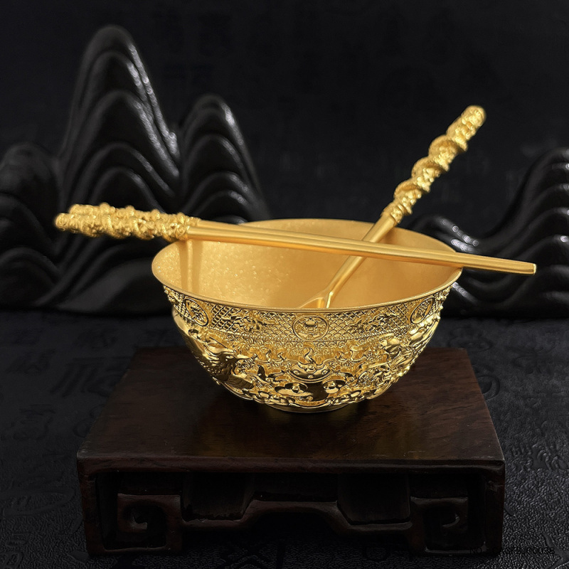 足金999古法实心衣食无忧黄金碗筷摆件国潮传承吉祥三宝龙凤呈祥婚嫁礼品婚庆摆件/3件