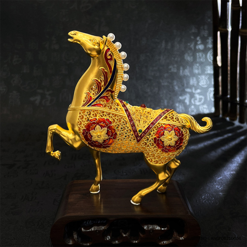 足金999古法镶嵌彩锆天然淡水珍珠低温珐琅镂空马年生肖摆件国潮古风盛唐战马摆件(配精美包装盒)