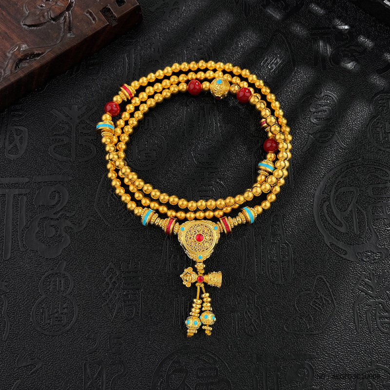 足金999古法半空心仿宝石珐琅花丝吉祥八宝罗盘三通金刚杵流苏珐琅金珠三圈手串弹力绳手串
